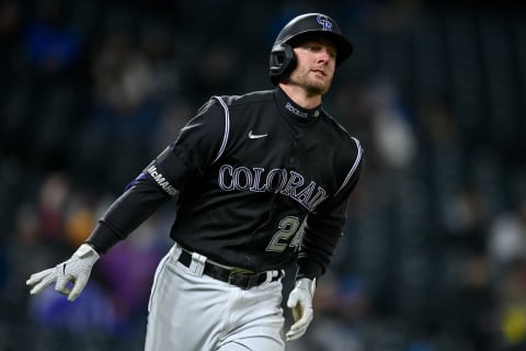 DENVER, CO – APRIL 6: Ryan McMahon #24 of the Colorado Rockies gestures to celebrate his third home run of the game, a seventh-inning solo shot, against the Arizona Diamondbacks at Coors Field on April 6, 2021 in Denver, Colorado. (Photo by Dustin Bradford/Getty Images)