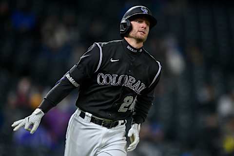 DENVER, CO – APRIL 6: Ryan McMahon #24 of the Colorado Rockies gestures to celebrate his third home run of the game, a seventh-inning solo shot, against the Arizona Diamondbacks at Coors Field on April 6, 2021 in Denver, Colorado. (Photo by Dustin Bradford/Getty Images)