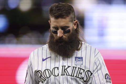 DENVER, CO – JUNE 2: Wearing a patch for Lou Gehrig Day, Charlie Blackmon #19 of the Colorado Rockies walks off the field after an inning against the Texas Rangers at Coors Field on June 2, 2021 in Denver, Colorado. (Photo by Michael Ciaglo/Getty Images)