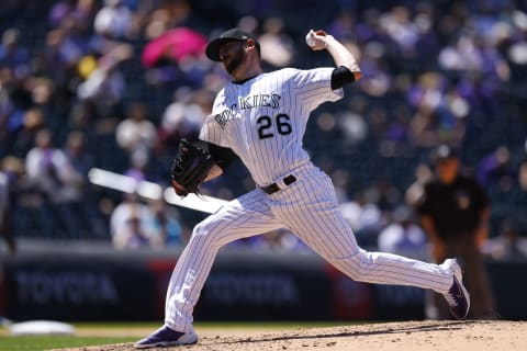 DENVER, CO – JUNE 3: Starting pitcher Austin Gomber #26 of the Colorado Rockies delivers to home plate during the fifth inning against the Texas Rangers at Coors Field on June 3, 2021 in Denver, Colorado. (Photo by Justin Edmonds/Getty Images)