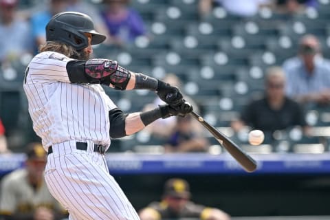 DENVER, CO – JUNE 16: Charlie Blackmon #19 of the Colorado Rockies hits a ninth inning walk off RBI single against the San Diego Padres at Coors Field on June 16, 2021 in Denver, Colorado. (Photo by Dustin Bradford/Getty Images)