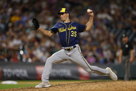 DENVER, CO – JUNE 18: Relief pitcher Brent Suter #35 of the Milwaukee Brewers delivers to home plate during the sixth inning against the Colorado Rockies at Coors Field on June 18, 2021 in Denver, Colorado. (Photo by Justin Edmonds/Getty Images)