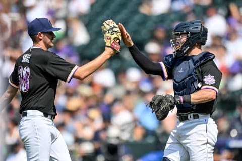 DENVER, CO – JULY 11: Ethan Small #38 celebrates the 8-3 win over the American League Futures Team with Willie Maclver #20 of National League Futures Team at Coors Field on July 11, 2021 in Denver, Colorado.(Photo by Dustin Bradford/Getty Images)