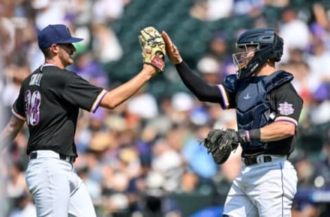 DENVER, CO – JULY 11: Ethan Small #38 celebrates the 8-3 win over the American League Futures Team with Willie Maclver #20 of National League Futures Team at Coors Field on July 11, 2021 in Denver, Colorado.(Photo by Dustin Bradford/Getty Images)