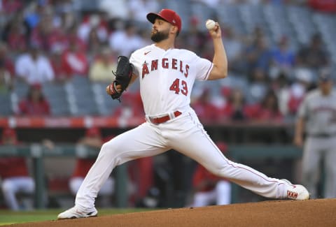 ANAHEIM, CA – AUGUST 13: Patrick Sandoval #43 of the Los Angeles Angels pitches against the Houston Astros in the first inning at Angel Stadium of Anaheim on August 13, 2021 in Anaheim, California. (Photo by John McCoy/Getty Images)