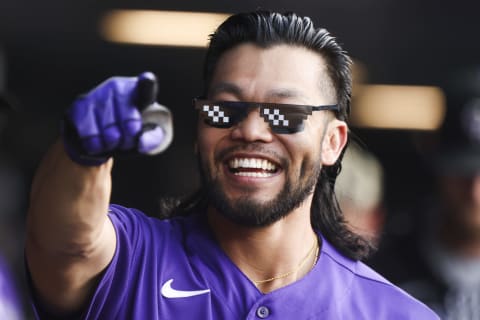 DENVER, CO – AUGUST 16: Connor Joe #9 of the Colorado Rockies celebrates after hitting a home run against the San Diego Padres at Coors Field on August 16, 2021 in Denver, Colorado. (Photo by Michael Ciaglo/Getty Images)