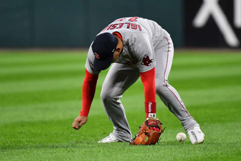 CHICAGO, IL – SEPTEMBER 10: José Iglesias #12 of the Boston Red Sox mishandles a ground ball for an error in the fourth inning against the Chicago White Sox at Guaranteed Rate Field on September 10, 2021 in Chicago, Illinois. (Photo by Jamie Sabau/Getty Images)