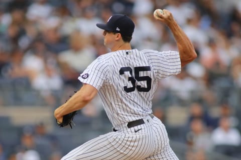 NEW YORK, NEW YORK – OCTOBER 03: Clay Holmes #35 of the New York Yankees in action against the Tampa Bay Rays at Yankee Stadium on October 03, 2021 in New York City. New York Yankees defeated the Tampa Bay Rays 1-0. (Photo by Mike Stobe/Getty Images)