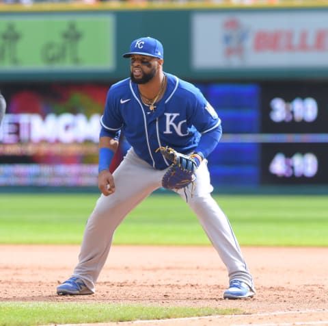 DETROIT, MI – SEPTEMBER 26: Carlos Santana #41 of the Kansas City Royals fields during the game against the Detroit Tigers at Comerica Park on September 26, 2021 in Detroit, Michigan. The Royals defeated the Tigers 2-1. (Photo by Mark Cunningham/MLB Photos via Getty Images)