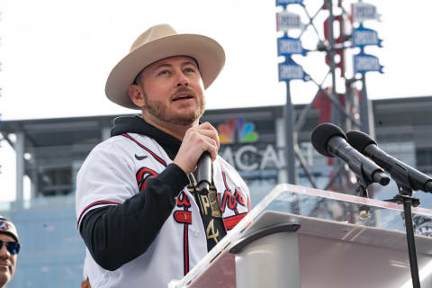 ATLANTA, GA – NOVEMBER 05: Tyler Matzek and members of the Atlanta Braves team speak following the World Series Parade at Truist Park on November 5, 2021 in Atlanta, Georgia. The Atlanta Braves won the World Series in six games against the Houston Astros winning their first championship since 1995. (Photo by Megan Varner/Getty Images)