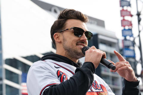 ATLANTA, GA – NOVEMBER 05: Adam Duvall and members of the Atlanta Braves team speak following the World Series Parade at Truist Park on November 5, 2021 in Atlanta, Georgia. The Atlanta Braves won the World Series in six games against the Houston Astros winning their first championship since 1995. (Photo by Megan Varner/Getty Images)