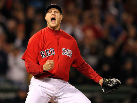 BOSTON, MA – SEPTEMBER 16: Jonathan Papelbon #58 of the Boston Red Sox reacts after striking out Evan Longoria #3 of the Tampa Bay Rays in the ninth inning to earn a 4-3 win at Fenway Park September 16, 2011 in Boston, Massachusetts. (Photo by Jim Rogash/Getty Images)