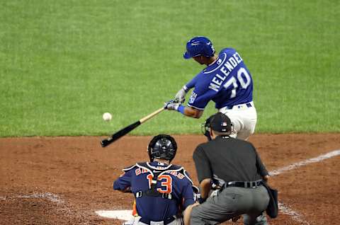 KANSAS CITY, MISSOURI – JULY 20: MJ Melendez #70 of the Kansas City Royals connects for a single during the 9th inning of an exhibition game against the Houston Astros at Kauffman Stadium on July 20, 2020 in Kansas City, Missouri. (Photo by Jamie Squire/Getty Images)