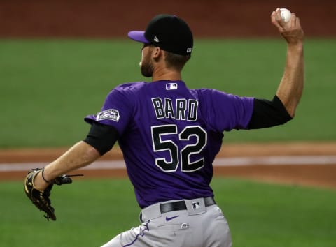 ARLINGTON, TEXAS – JULY 21: Daniel Bard #52 of the Colorado Rockies during a MLB exhibition game at Globe Life Field on July 21, 2020 in Arlington, Texas. (Photo by Ronald Martinez/Getty Images)