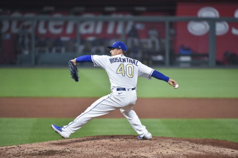 KANSAS CITY, MO – AUGUST 7: Relief pitcher Trevor Rosenthal #40 of the Kansas City Royals throws against the Minnesota Twins at Kauffman Stadium on August 7, 2020 in Kansas City, Missouri. (Photo by Ed Zurga/Getty Images)