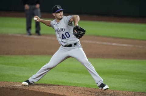 SEATTLE, WA – AUGUST 07: Reliever Tyler Kinley #40 of the Colorado Rockies delivers a pitch during a game against the Seattle Mariners at T-Mobile Park on August 7, 2020 in Seattle, Washington. The Rockies won the game 8-4. (Photo by Stephen Brashear/Getty Images)