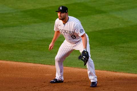 DENVER, CO – AUGUST 11: Daniel Murphy #9 of the Colorado Rockies defends on the play during the third inning against the Arizona Diamondbacks at Coors Field on August 11, 2020 in Denver, Colorado. (Photo by Justin Edmonds/Getty Images)