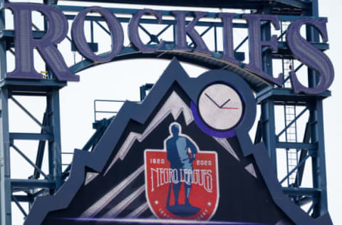 DENVER, CO – AUGUST 16: A detail of the scoreboard honoring the 100th anniversary of the Negro Leagues on display during a game between the Colorado Rockies and the Texas Rangers at Coors Field on August 16, 2020 in Denver, Colorado. (Photo by Justin Edmonds/Getty Images)