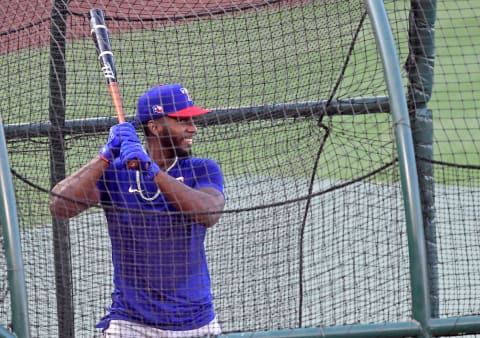 ANAHEIM, CA – SEPTEMBER 18: Sherten Apostel #82 of the Texas Rangers takes batting practice before the game against the Los Angeles Angels at Angel Stadium of Anaheim on September 18, 2020 in Anaheim, California. (Photo by Jayne Kamin-Oncea/Getty Images)