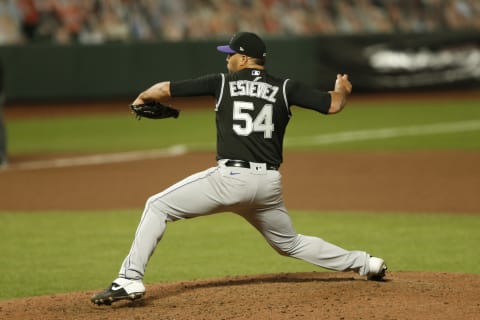 SAN FRANCISCO, CALIFORNIA – SEPTEMBER 21: Carlos Estevez #54 of the Colorado Rockies pitches against the San Francisco Giants at Oracle Park on September 21, 2020 in San Francisco, California. (Photo by Lachlan Cunningham/Getty Images)