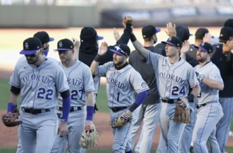 SAN FRANCISCO, CALIFORNIA – SEPTEMBER 24: Colorado Rockies players celebrate after their win against the San Francisco Giants in eleven innings at Oracle Park on September 24, 2020 in San Francisco, California. (Photo by Lachlan Cunningham/Getty Images)