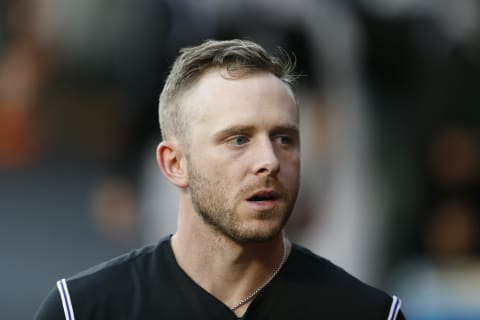 SAN FRANCISCO, CALIFORNIA – SEPTEMBER 23: Trevor Story #27 of the Colorado Rockies looks on before the game against the San Francisco Giants at Oracle Park on September 23, 2020 in San Francisco, California. (Photo by Lachlan Cunningham/Getty Images)