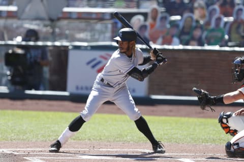 SAN FRANCISCO, CALIFORNIA – SEPTEMBER 24: Raimel Tapia #15 of the Colorado Rockies at bat against the San Francisco Giants at Oracle Park on September 24, 2020 in San Francisco, California. (Photo by Lachlan Cunningham/Getty Images)