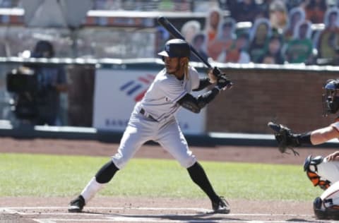 SAN FRANCISCO, CALIFORNIA – SEPTEMBER 24: Raimel Tapia #15 of the Colorado Rockies at bat against the San Francisco Giants at Oracle Park on September 24, 2020 in San Francisco, California. (Photo by Lachlan Cunningham/Getty Images)