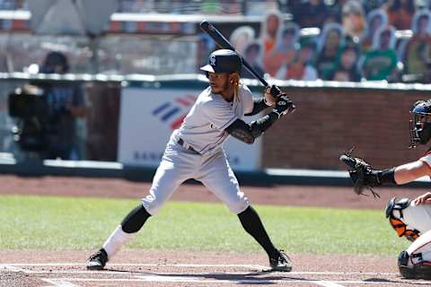 SAN FRANCISCO, CALIFORNIA – SEPTEMBER 24: Raimel Tapia #15 of the Colorado Rockies at bat against the San Francisco Giants at Oracle Park on September 24, 2020 in San Francisco, California. (Photo by Lachlan Cunningham/Getty Images)