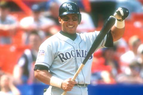 NEW YORK, NY – MAY 17: Andres Galarraga #33 of the Colorado Rockies looks on during a baseball game against the New York Mets on May 17, 1997 at Shea Stadium in New York City. (Photo by Mitchell Layton/Getty Images)