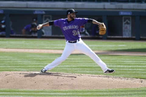 SCOTTSDALE, ARIZONA – FEBRUARY 28: Jordan Sheffield #34 of the Colorado Rockies throws against the Arizona Diamondbacks during the fourth inning of the Cactus League spring training baseball game on February 28, 2021 in Scottsdale, Arizona. (Photo by Ralph Freso/Getty Images)