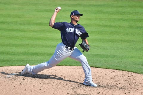 LAKELAND, FLORIDA – MARCH 12: Albert Abreu #84 of the New York Yankees delivers a pitch in the fifth inning against the Detroit Tigers during a spring training game on March 12, 2021 at Joker Marchant Stadium in Lakeland, Florida. (Photo by Julio Aguilar/Getty Images)