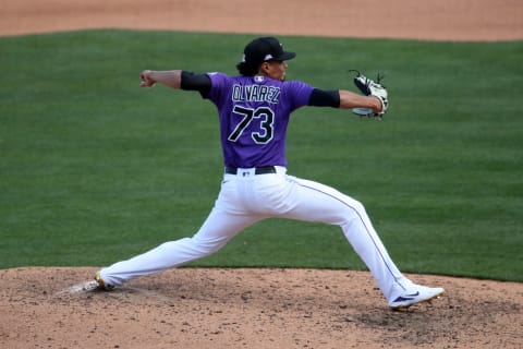 SCOTTSDALE, AZ – MARCH 11: Helcris Olivarez #73 of the Colorado Rockies pitches during the game against the Chicago Cubs at Salt River Fields at Talking Stick on March 11, 2021 in Scottsdale, Arizona. The Cubs defeated the Rockies 8-6. (Photo by Rob Leiter/MLB Photos via Getty Images)