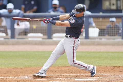 PORT CHARLOTTE, FLORIDA – MARCH 21: Jake Lamb #24 of the Atlanta Braves at bat against the Tampa Bay Rays during a Grapefruit League spring training game at Charlotte Sports Park on March 21, 2021 in Port Charlotte, Florida. (Photo by Michael Reaves/Getty Images)