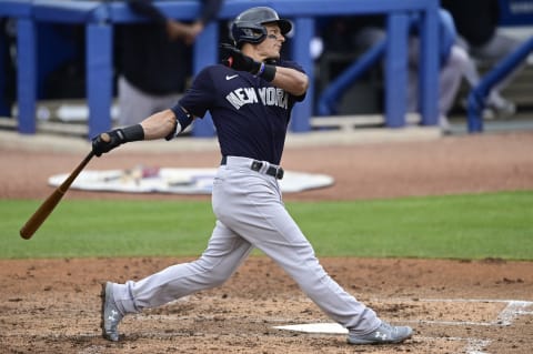 DUNEDIN, FLORIDA – MARCH 21: Derek Dietrich #12 of the New York Yankees stands at the plate during the third inning against the Toronto Blue Jays during a spring training game at TD Ballpark on March 21, 2021 in Dunedin, Florida. (Photo by Douglas P. DeFelice/Getty Images)