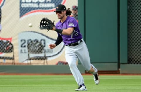 GOODYEAR, ARIZONA – MARCH 26: Ryan Vilade #76 of the Colorado Rockies catches a fly out in the eighth inning against the Cleveland Indians during the MLB spring training game at Goodyear Ballpark on March 26, 2021 in Goodyear, Arizona. (Photo by Abbie Parr/Getty Images)