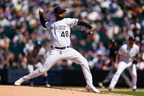 DENVER, CO – APRIL 1: Starting pitcher German Marquez #48 of the Colorado Rockies delivers to home plate during the second inning against the Los Angeles Dodgers on Opening Day at Coors Field on April 1, 2021 in Denver, Colorado. (Photo by Justin Edmonds/Getty Images)