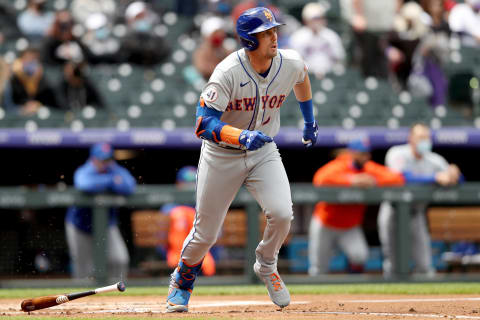 DENVER, COLORADO – APRIL 18: Jeff McNeil #6 of the New York Mets hits a RBI against the Colorado Rockies during the second inning at Coors Field on April 18, 2021 in Denver, Colorado. (Photo by Matthew Stockman/Getty Images)