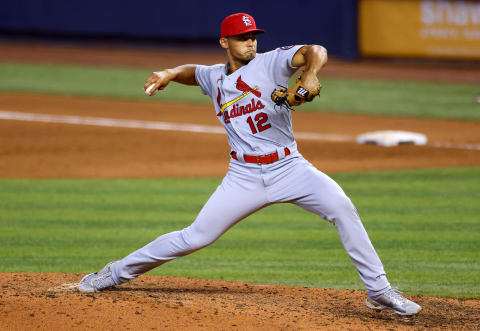 MIAMI, FLORIDA – APRIL 07: Jordan Hicks #12 of the St. Louis Cardinals delivers a pitch against the Miami Marlins at loanDepot park on April 07, 2021 in Miami, Florida. (Photo by Mark Brown/Getty Images)