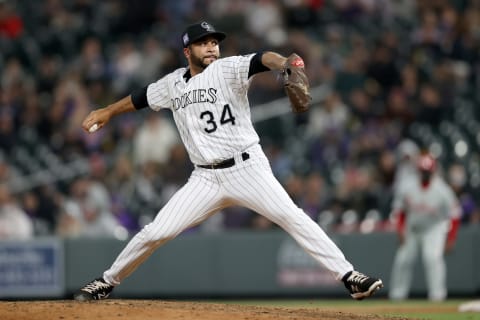 DENVER, COLORADO – APRIL 24: Pitcher Jordan Sheffield #34 of the Colorado Rockies throws against the Philadelphia Phillies in the ninth inning at Coors Field on April 24, 2021 in Denver, Colorado. (Photo by Matthew Stockman/Getty Images)