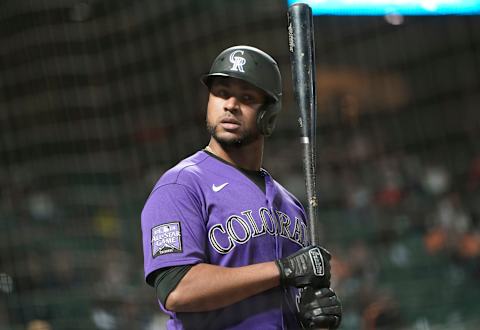 SAN FRANCISCO, CALIFORNIA – APRIL 28: Elias Diaz #35 of the Colorado Rockies looks on from the on-deck circle against the San Francisco Giants in the seventh inning at Oracle Park on April 28, 2021 in San Francisco, California. (Photo by Thearon W. Henderson/Getty Images)