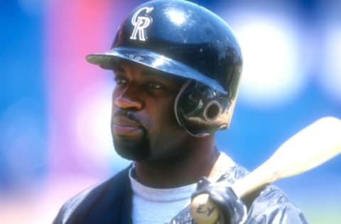 NEW YORK, NY – APRIL 20: Eric Young #21 the Colorado Rockies looks on during batting practice of a baseball game against the New York Mets on April 20, 1996 at Shea Stadium in New York City. (Photo by Mitchell Layton/Getty Images)