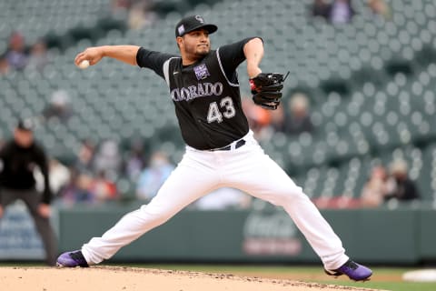 DENVER, COLORADO – MAY 04: Pitcher Jhoulys Chacin #43 of the Colorado Rockies throws against the San Francisco Giants in the first inning during game one of a double header at Coors Field on May 04, 2021 in Denver, Colorado. (Photo by Matthew Stockman/Getty Images)