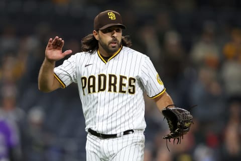 SAN DIEGO, CALIFORNIA – MAY 17: Nabil Crismatt #74 of the San Diego Padres reacts after defeating the Colorado Rockies 7-0 in a game at PETCO Park on May 17, 2021 in San Diego, California. (Photo by Sean M. Haffey/Getty Images)