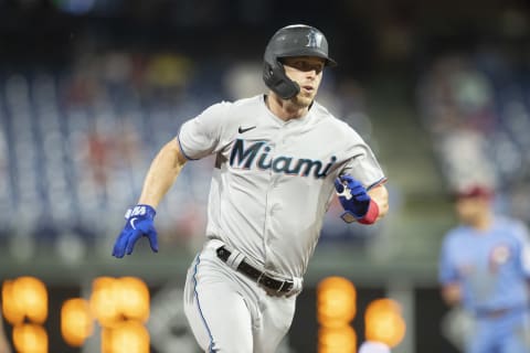 PHILADELPHIA, PA – MAY 20: Corey Dickerson #23 of the Miami Marlins runs to third base against the Philadelphia Phillies at Citizens Bank Park on May 20, 2021 in Philadelphia, Pennsylvania. The Marlins defeated the Phillies 6-0. (Photo by Mitchell Leff/Getty Images)