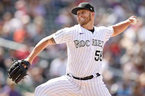 DENVER, COLORADO – MAY 23: Pitcher Lucas Gilbreath #58 of the Colorado Rockies throws against the Arizona Diamondbacks in the seventh inning at Coors Field on May 23, 2021 in Denver, Colorado. (Photo by Matthew Stockman/Getty Images)