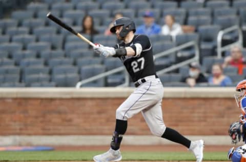 NEW YORK, NEW YORK – MAY 24: (NEW YORK DAILIES OUT) Trevor Story #27 of the Colorado Rockies in action against the New York Mets at Citi Field on May 24, 2021 in New York City. The Rockies defeated the Mets 3-2. (Photo by Jim McIsaac/Getty Images)