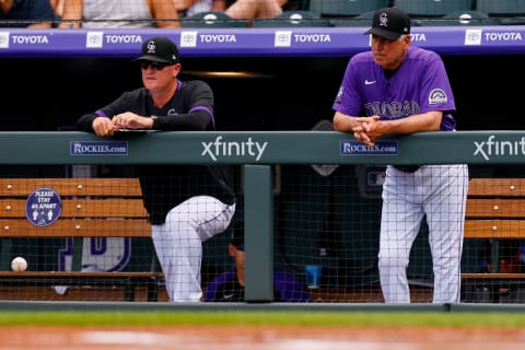 DENVER, CO – JUNE 6: Manager Bud Black of the Colorado Rockies (R) and Pitching Coach Steve Foster looks on during the first inning against the Oakland Athletics at Coors Field on June 6, 2021 in Denver, Colorado. (Photo by Justin Edmonds/Getty Images)