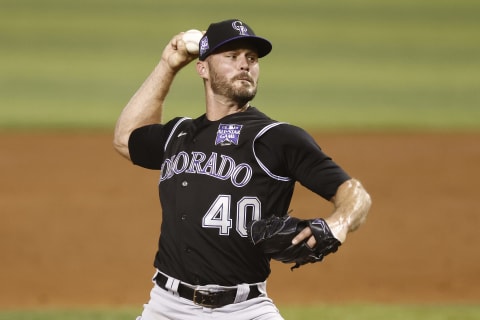 MIAMI, FLORIDA – JUNE 09: Tyler Kinley #40 of the Colorado Rockies delivers a pitch against the Miami Marlins at loanDepot park on June 09, 2021 in Miami, Florida. (Photo by Michael Reaves/Getty Images)