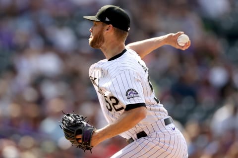 DENVER, COLORADO – JUNE 20: Pitcher Daniel Bard #52 of the Colorado Rockies throws against the Milwaukee Brewers in the ninth inning at Coors Field on June 20, 2021 in Denver, Colorado. (Photo by Matthew Stockman/Getty Images)